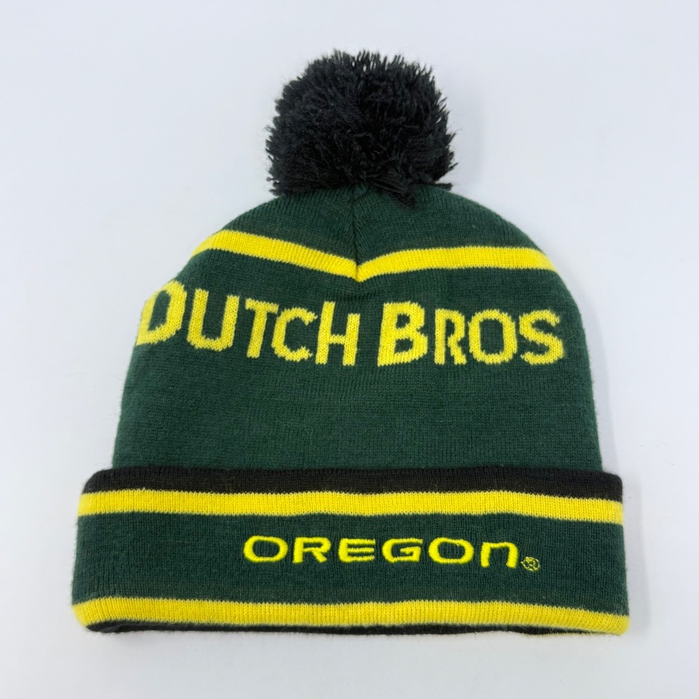 Dutch Bros Oregon Beanie Hat Green Yellow Striped Pom Pom Cuffed Knit Cap